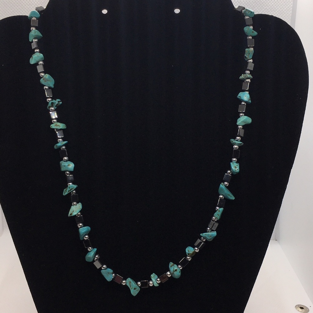 Turquoise Chips & Grey Hematite Necklace